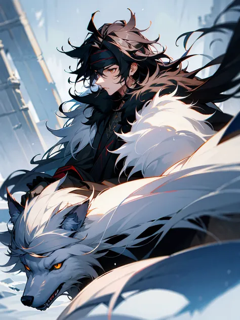                        1male, black hair, messy hair, long hair, headband, fur coat, wolf, snow                   