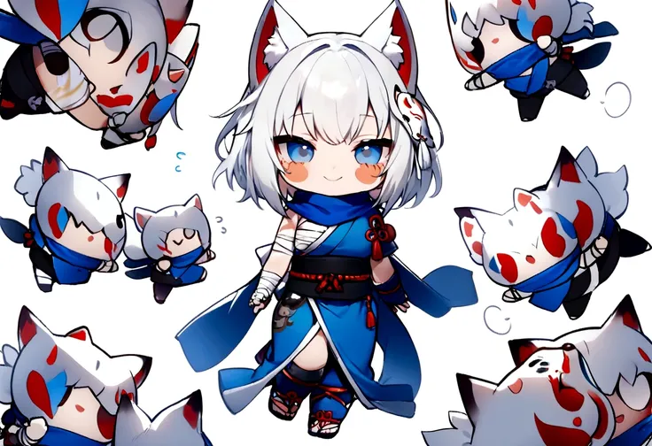 smiling、Stickers、White Gauntlet、chibi,No sleeve、Bleaching、(masterpiece, best quality:1.2), 1girl, 独奏,Wolf girl, fox mask, ninja, girl, white hair, odd eyes, blue kimono, ninja girl, red and blue scarf,Chibi Character、White background, fantastic atmosphere....