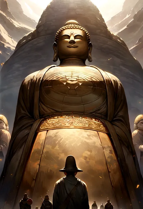 A huge Buddha statue in the distance, Stone, texture, High target, majestic, Background lit by sunlight，inverted image，side，Pilgrims on the road