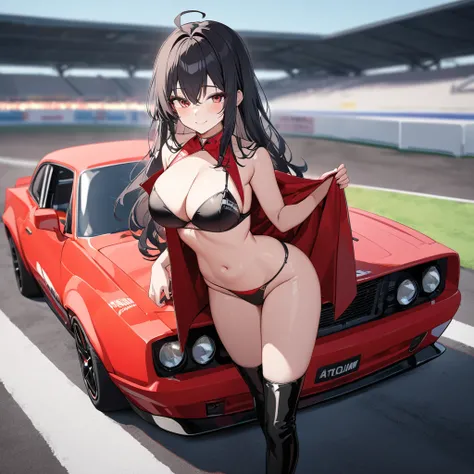 A woman wearing a long red leather coat, open coat, wearing a black bikini, eye red, black leather boots, race queen, sunglasses, black hair, long hair, ahoge, smiling, big breasts, standing on a running track, wide view of a lawn, concrete track, a black ...