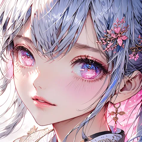 a beautiful girl with long ponytail blue and silver hair with black streak crossing one eye, pink glowing eye with love pattern, intricate detailed face, beautiful detailed eyes, beautiful detailed lips, extremely detailed face and features, longeyelashes,...