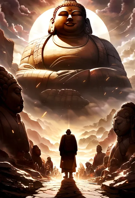 A huge Buddha statue in the distance, Stone, texture, High target, majestic, Background lit by sunlight，inverted image，side，Pilgrims on the road