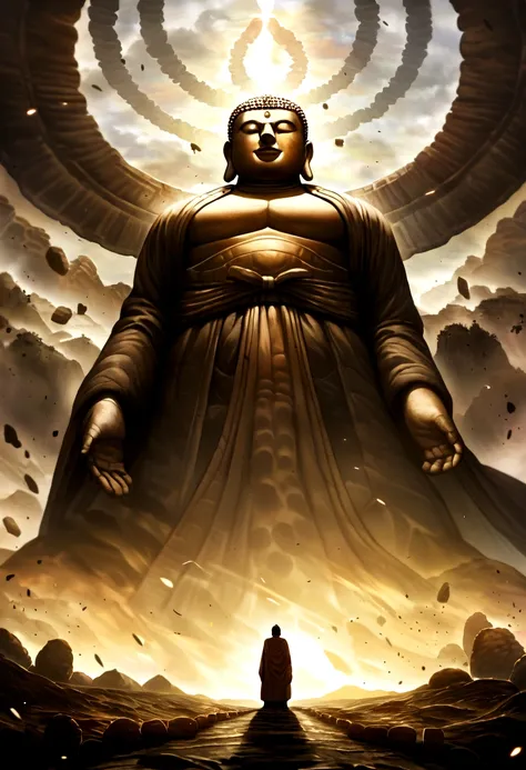 A huge Buddha statue in the distance, Stone, texture, High target, majestic, Background lit by sunlight，inverted image，side，Pilgrims on the road