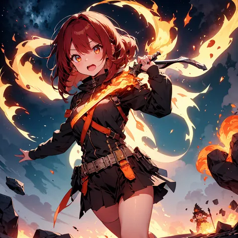 ((full body shot)) of a girl in regal, fire-themed armor with intricate gold and red details, standing in a blazing, volcanic landscape. She has long, flowing fiery red hair and intense, glowing amber eyes. Her skin has a warm, sun-kissed hue, and she is a...