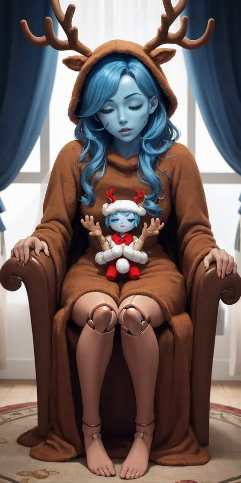 masterpiece, best quality, 1girlsolo sitting, reindeer costume, incrsranni, wavy hair, cracked skin, colored skin, blue skin, ex...