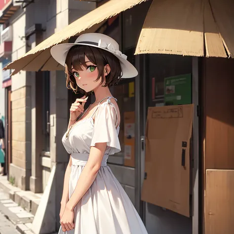 woman, short hair, brown hair, green eyes, light brown skin, looking at viewer, street, white dress, elegant hat