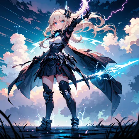 ((full body shot)) of a girl in electrifying, futuristic armor with sleek silver and blue accents, standing in a stormy, electrified sky. She has short, spiky platinum blonde hair and piercing, electric blue eyes. Her skin has a faint, radiant glow, and sh...