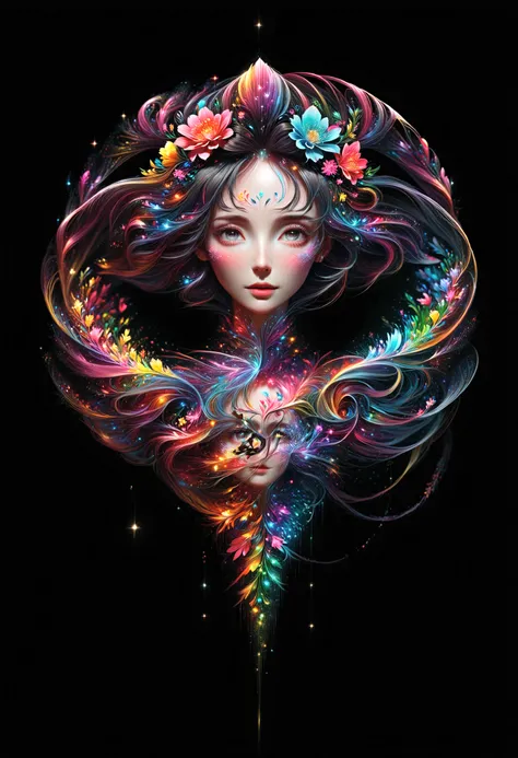 painting of a woman with a flower crown and a black background, beautiful art uhd 4 k, colorfull digital fantasy art, a beautiful artwork illustration, 4k highly detailed digital art, stunning digital illustration, exquisite digital illustration, beautiful...