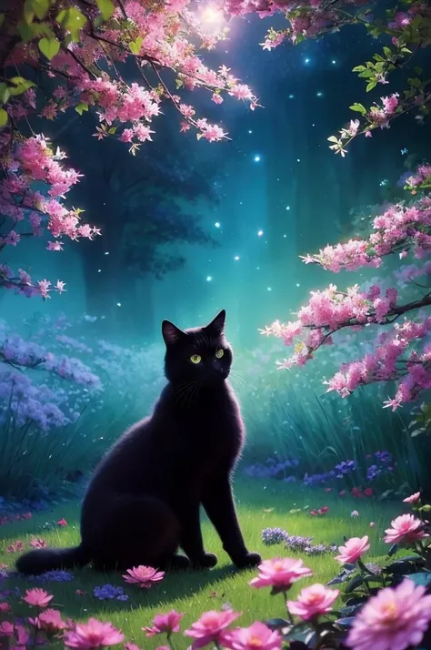 Magical black cat, Dreamy atmosphere, Glowing Flower, Surreal colors, Soft lighting, Heavenly Beauty, Twinkling Star, Mysterious atmosphere, Delicate brushwork, Impressionist style, Magical Landscapes, Peaceful and serene.