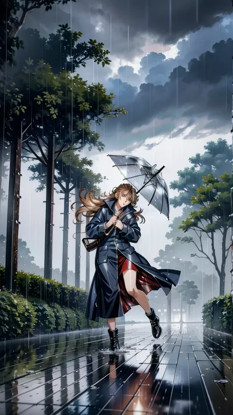 A realistic illustration of a woman hurrying home in the middle of a typhoon. The scene shows the woman wearing a raincoat and holding an umbrella, struggling against strong winds and heavy rain. The background includes stormy skies, swaying trees, and wat...