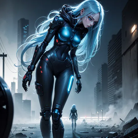  Girl Android mechanical prosthetics sad emotion gloomy with long blue hair woman with sexy hips half cyborg prosthetic arms and legs Beautiful sad girl blue eyes standing full length Anime Style black background image night smoke and fog in the background