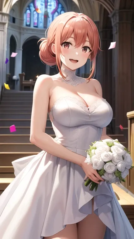 masterpiece, best quality, highres, gahamama, single hair bun, breasts, white dress, wedding dress, cleavage, strapless, church, holding bouquet, standing, cowboy shot, (confetti:1.1), smile, open mouth,