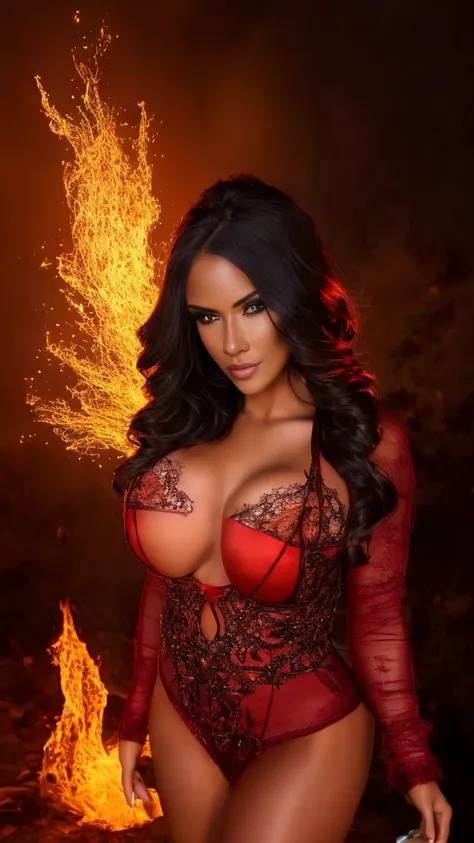 dark fantasy,  fire goddess adult Latina model Daisy Marie, 34dd-cup breasts, cleavage, intricate details, insane details, volumetric lighting, ominous atmosphere, ominus lights, spectral atmosphere, red fire sparkles 