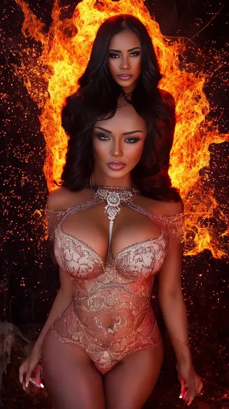 dark fantasy,  fire goddess adult Latina model Daisy Marie, 34dd-cup breasts, cleavage, intricate details, insane details, volumetric lighting, ominous atmosphere, ominus lights, spectral atmosphere, red fire sparkles 