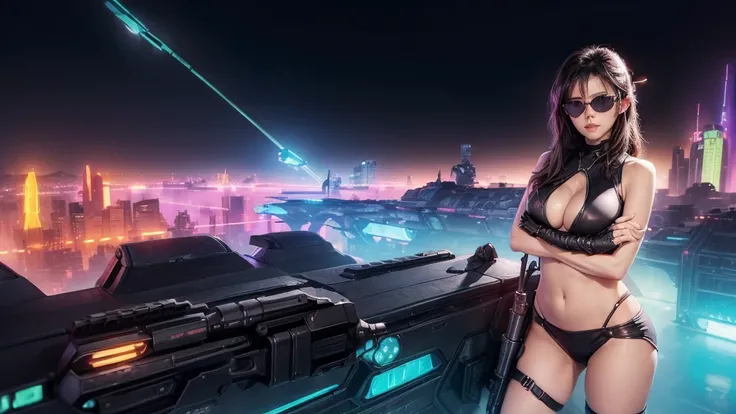 (((aerial view))) of futuristic city, hologram neon buildings, (((futuristic flying cars))) and futuristic cars, Surreal cyberpunk city, in a Future cyberpunk city, 3d rendering Beeple, at night. large-breast photorealistic sexy woman, (((breast cleavage))...