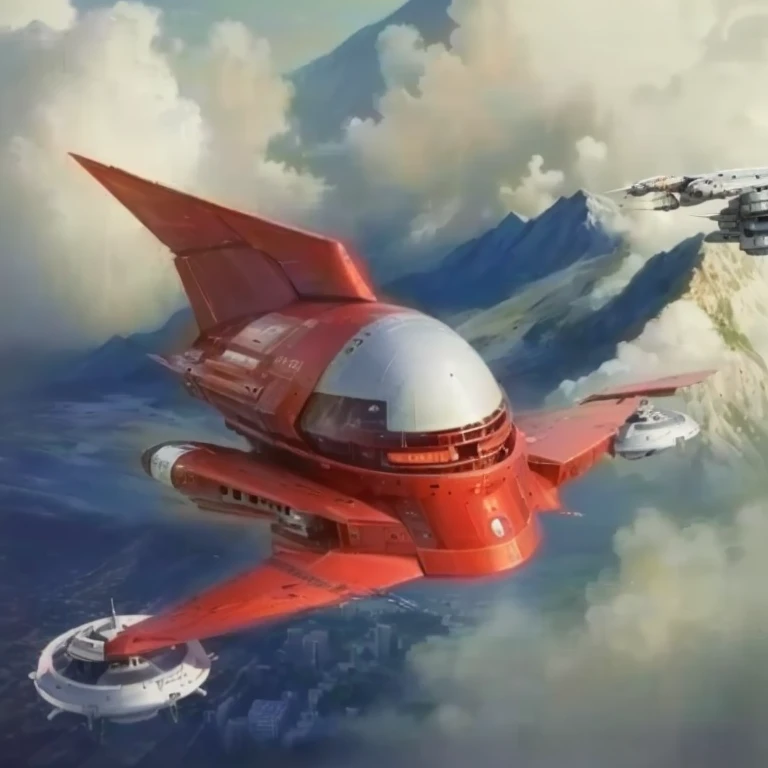 A red plane is flying in the sky with mountains in the background, Flying vehicles, utopian Spaceship, 空の小さなレトロなSpaceship, Flying Cars, Flying Car, Very futuristic, flying scifi vehicle, 漫画ファンタジーSpaceship, Spaceship, アヒルの形をしたSpaceship, retro Futurism, Futu...