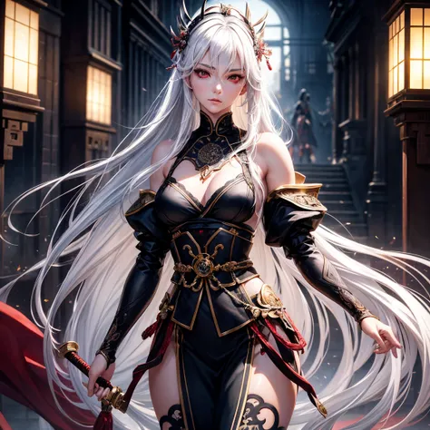 a woman, 1girl, long white hair, small breasts, red eyes!!!, fair skin, blank face, sexy tight black samurai outfit, bare arm, bare leg, night, medieval japanese town, very sexy body, detailed face, beautiful detailed eyes, beautiful detailed lips, extreme...