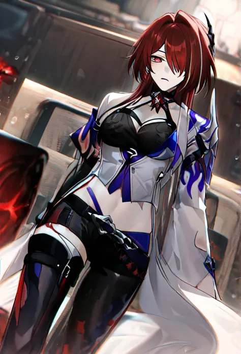 4k best quality, acheron honkai star rail, male version, short blood red hair.