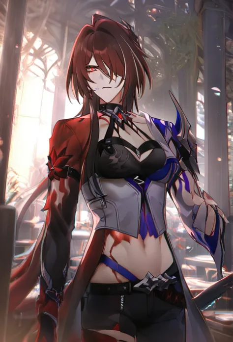 4k best Quality, Acheron Honkai Star Rail, MALE VERSION, Short Blood Red Hair.