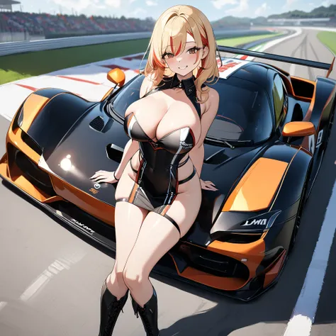 A woman wearing a race queen costume, leather boots, big breasts, smiling, holding a bar with a flag, standing on a race track, with a wide view of the lawn, blonde hair, hair with red bangs, multicolored hair, smiling, brown eyes, black racing car with re...