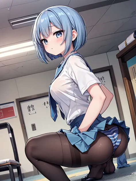 NSFW、High school girl standing in school classroom、masutepiece、Highest quality、High resolution、masterpiece、break ((From below:1.6))、((Low - Angle:1.5))、((skirtめくり、skirtの裂け目))、(Black Pantyhose:1.5)、White panties under pantyhose、One Pose、cute small、Medium ch...