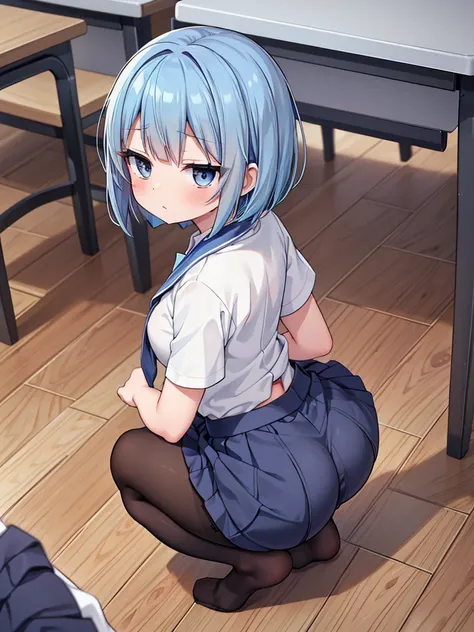 NSFW、High school girl standing in school classroom、masutepiece、Highest quality、High resolution、masterpiece、break ((From below:1.6))、((Low - Angle:1.5))、((skirtめくり、skirtの裂け目))、(Black Pantyhose:1.5)、White panties under pantyhose、One Pose、cute small、Medium ch...