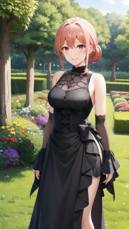 masterpiece, best quality, highres, gahamama, single hair bun, breasts, gothic, black dress, garden, standing, smile,