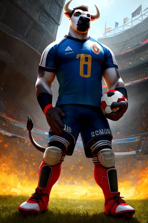 Anthro Bull in Battlefield, wearing short sleeved soccer jersey and technological soccer boots that reaches knees, (holding tight a soccer ball on hand), epic, full body view