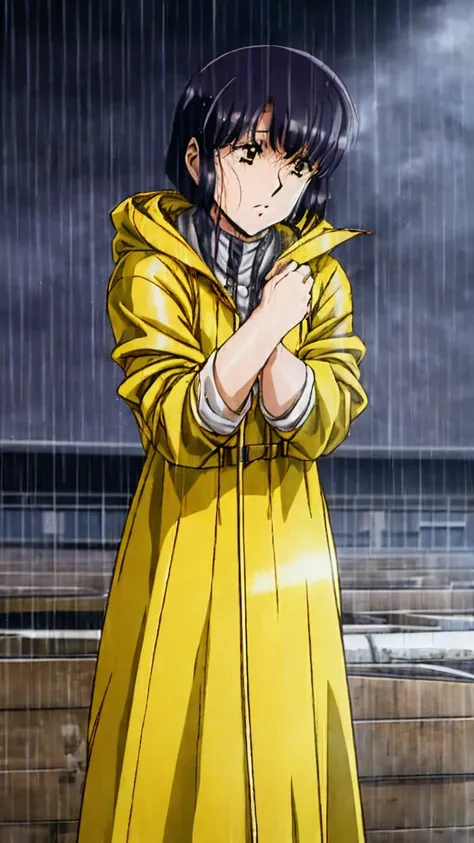 A woman standing in a heavy rainstorm, wearing a bright yellow raincoat. The wind is blowing fiercely, and the raincoat flaps in the wind. The background is dark and stormy with heavy rain pouring down, and the woman is slightly hunched, bracing against th...