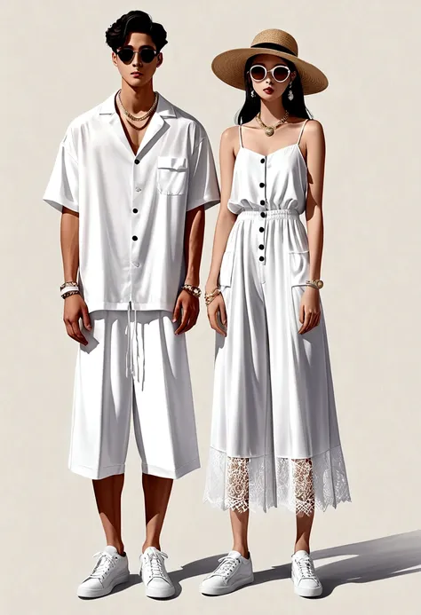 candid fashion illustration of young asian man and woman, both aged 20 year old, ((showcase fashion look book in a white rayon o...