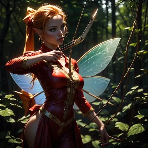 ((hunting＿Aiming for prey_A long bow and arrow is aimed at the prey_Fairy_Shooter_Shooter:1.9))、Blonde medium hair、Big Breasts、Tight waist、Big Ass、Ideal ratio、Oily skin details、(Wearing something that is too revealing, Beautiful and delicate costume:1.６)、C...