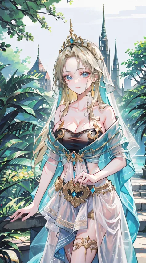 beautiful woman，Folk Girl，blonde with blue eyes，Twist，Wear a strapless wedding dress with no straps.，countryside，countryside，beautiful scenery，European Middle Ages，smile with teeth，forehead，forehead exposed，big tits，rift, 