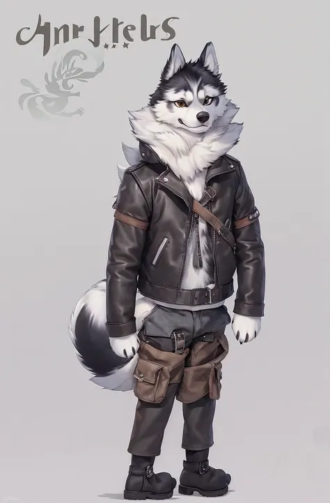 Engrilklenus, husky dog, arctic, strong, muscular, leather jacket, winter pants, snow boots, tail, white paws, black and white fur, star patch