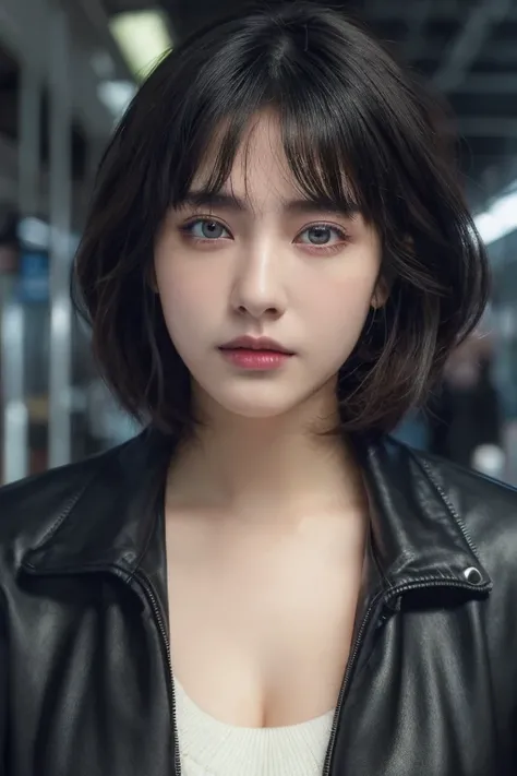 (award winning, 8k, super detailed, high resolution, best quality, photography, portrait), 1girl, solo, beautiful girl, beautiful eyes, detailed eyes, (black eye), jacket, short hair, black hair, at bus station, POV, ((upper body))