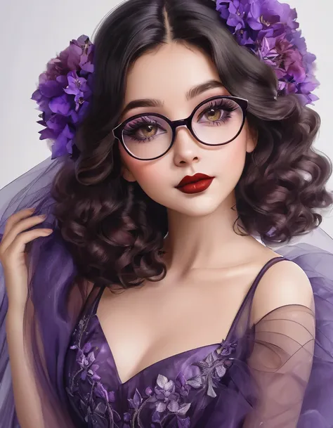 Beautiful girl height 1 ,55 chubby with shoulder length black wavy hair wearing small oval transparent glasses wine lipstick brown eyes wearing a wine tulle dress above the knee with a violet bouquet in her hands