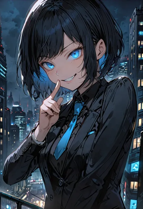 female, solo, medium shot, black business suit, short hair, black hair, blue eyes, city, night, finger to mouth, silence gesture, hush, devilish smile, politician, wink, blue tie