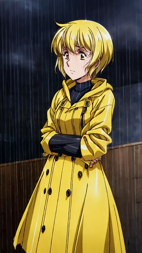 A woman standing in a heavy rainstorm, wearing a bright yellow raincoat. The wind is blowing fiercely, and the raincoat flaps in the wind. The background is dark and stormy with heavy rain pouring down, and the woman is slightly hunched, bracing against th...