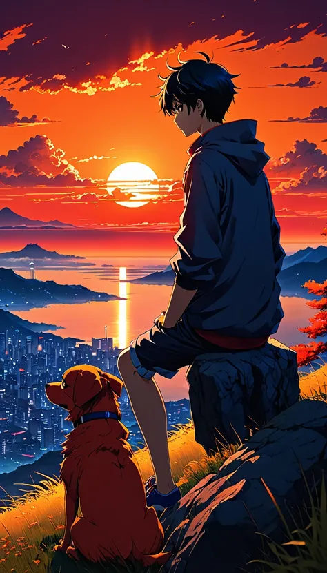 high quality, 8K Ultra HD, great detail, masterpiece, an anime style digital illustration, anime landscape of a boy with his dog sitting on a hill, looking at a hellish orange and red sunset, anime nature wallpapers with a serene sky, anime beautiful scene...