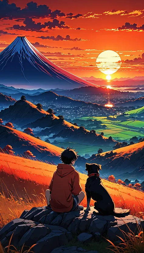 high quality, 8K Ultra HD, great detail, masterpiece, an anime style digital illustration, anime landscape of a boy with his dog sitting on a hill, looking at a hellish orange and red sunset, anime nature wallpapers with a serene sky, anime beautiful scene...