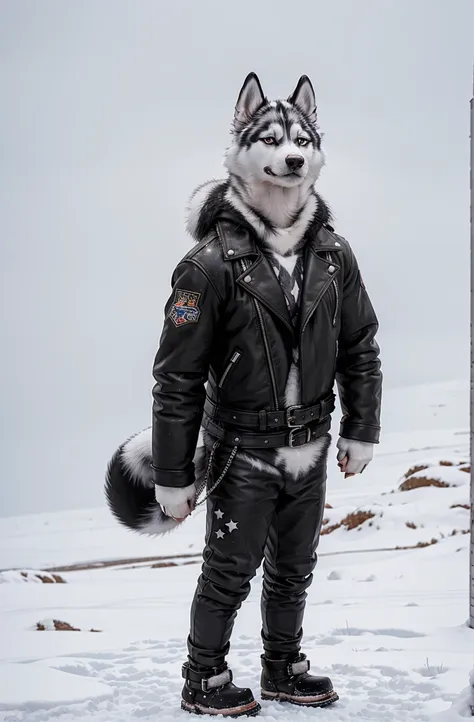 engrilklenus, husky dog, arctic, strong, muscular, leather jacket, winter pants, snow boots, tail, white paws, black and white f...