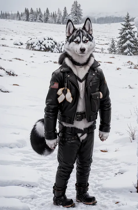 engrilklenus, husky dog, arctic, strong, muscular, leather jacket, winter pants, snow boots, tail, white paws, black and white f...