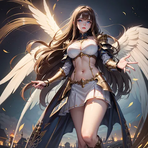 (((masterpiece))) (((highest quality))) (((8k resolution))) Queen in power armor, (gothic style), (full body shot 1.2), bellybutton, The most beautiful and sexy angel goddess, with long light brown hair, and glowing blue eyes, wearing intricate white gothi...