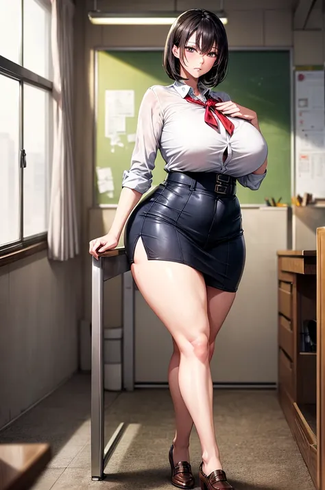 Solo highest quality, masterpiece, Very detailed CG, Highly detailed 8K wallpaper, indoor, classroom, masterpiece, highest quality, extreme details, Plump anime style, sharp focus, intricate details, 1 girl, huge breasts, High resolution, white school shir...