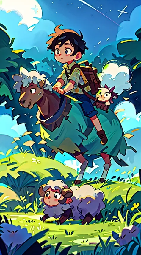 Prairie, a boy riding on the back of a sheep, knight, night, starry