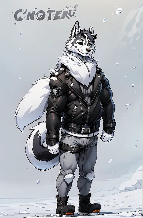 engrilklenus, husky dog, arctic, strong, muscular, leather jacket, winter pants, snow boots, tail, white paws, black and white f...