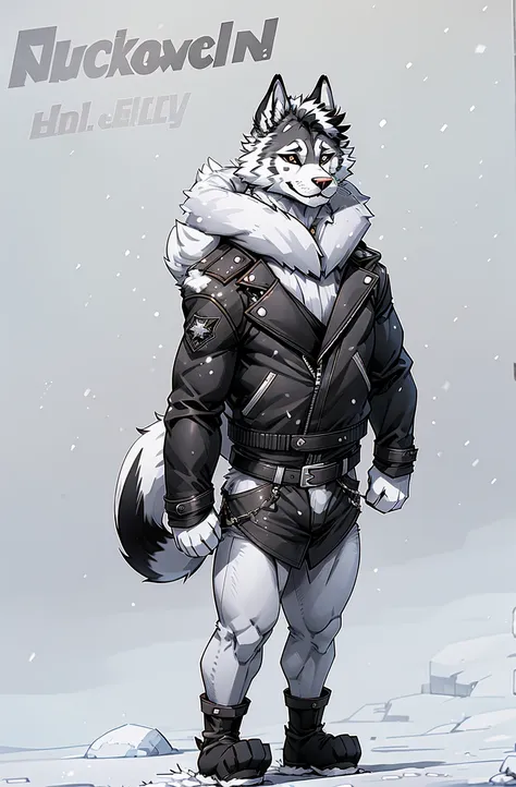 engrilklenus, husky dog, arctic, strong, muscular, leather jacket, winter pants, snow boots, tail, white paws, black and white f...