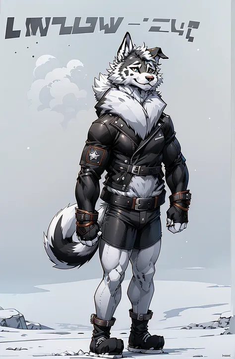 engrilklenus, husky dog, arctic, strong, muscular, leather jacket, winter pants, snow boots, tail, white paws, black and white f...