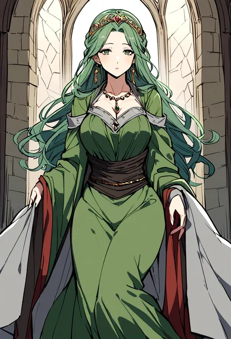 36 year old woman, even with some wrinkles its beauty is remarkable, with her beautiful moss green hair with some gray streaks due to age in medieval times, wearing long clothes