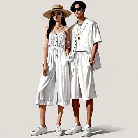 candid fashion illustration of young Asian man and woman, both aged 20 year old, ((showcase fashion look book in a White rayon outfits)), inspired by Zaras resort collection 2020 in elegant young bohemian style. The man wears an oversized short-sleeved bow...