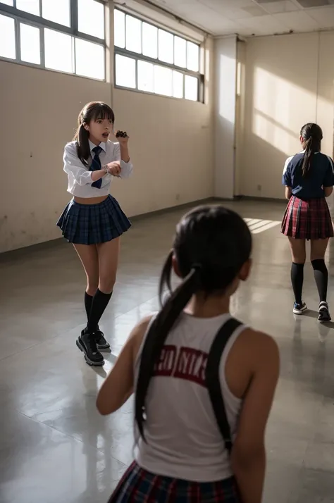 A high school girl fight in an empty room